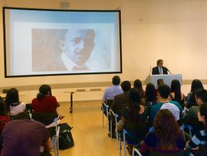 Dr. Gerardo Aldana, the Associate Dean for the College of Creative Studies and Professor in the Anthropology and Chicana/o Studies Departments, gives a keynote speech discussing his journey to graduate school. 